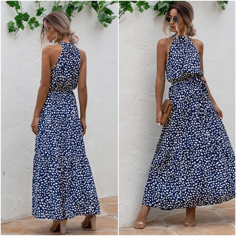 Boho Red Dalmatian dot belted halter maxi dress - Picture 4 of 4